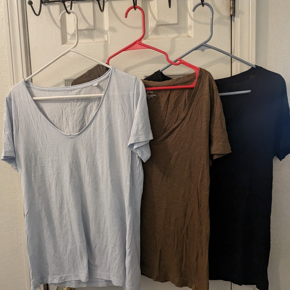 Set Of 3 J Crew Women's Short Sleeve Classic Fit V-Neck Linen T-Shirts- Women's